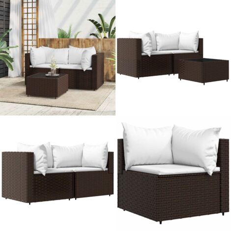 Set Mobili da Giardino 3 pz con Cuscini in Polyrattan Marrone - Tavolino da giardino - Cuscini da giardino