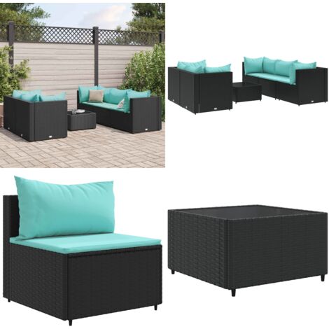 Set Mobili da Giardino 6 pz con Cuscini in Polyrattan Nero - Divano da esterno - Tavolo da giardino