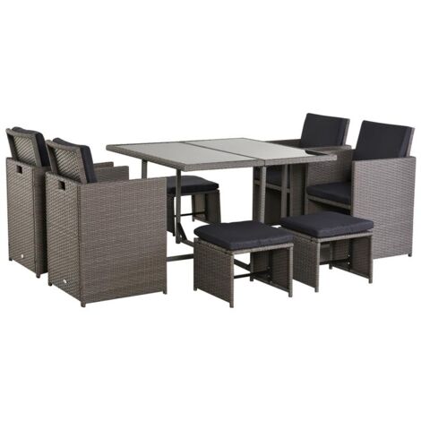 SET MOBILI DA GIARDINO 9 PEZZI TAVOLO CON 4 SEDIE 4 POGGIAPIEDI IN RATTAN GRIGIO