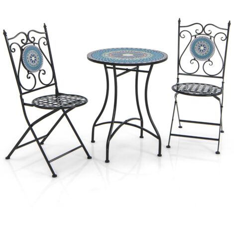 Set Mobili da giardino con mosaico da 3 pezzi, Tavolo rotondo e 2 sedie pieghevoli con struttura in metallo