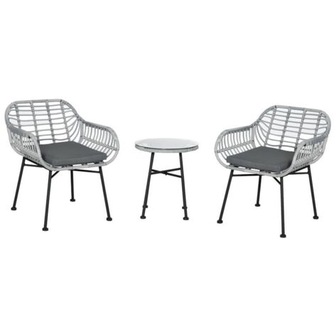 SET MOBILI DA GIARDINO IN RATTAN PE CON 2 SEDIE E TAVOLINO CON RIPIANO IN VETRO. GRIGIO