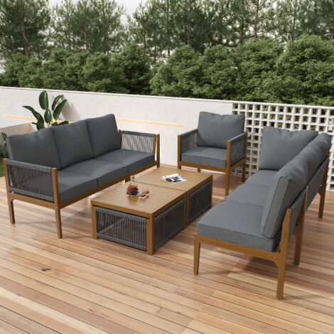 Set mobili da giardino, poggiapiedi, per 7-8 persone, divano + tavolo + cuscini, sfoderabile e lavabile, grigio