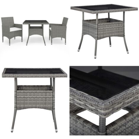 Set Mobili da Pranzo da Giardino 3 pz Grigio Polyrattan e Vetro - Tavolo da pranzo da giardino - Sedie da giardino