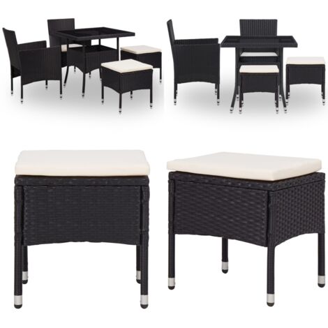 Set Mobili da Pranzo per Giardino 5 pz Nero Polyrattan e Vetro - Tavolo da pranzo da giardino - Sedute da giardino