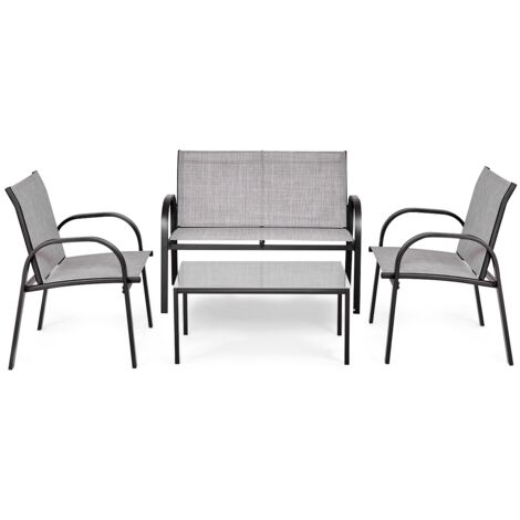 Set mobili giardino 4 pezzi chiacchierare sedie cortile ferro tessuto rete tavolino vetro grigio