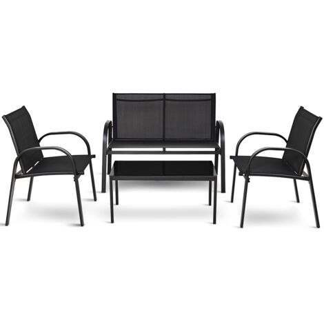 Set mobili giardino 4 pezzi chiacchierare sedie cortile ferro tessuto rete tavolino vetro nero
