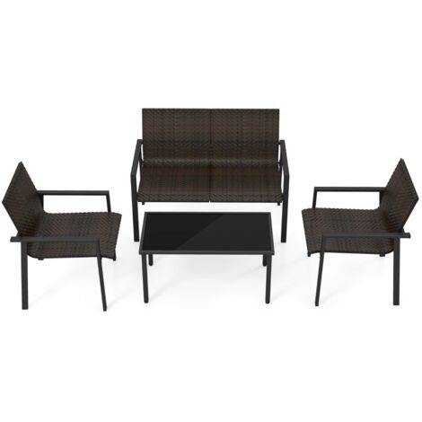Set mobili giardino 4 pezzi tavolo sedie intrecciato vimini telaio metallico galvanizzato marrone