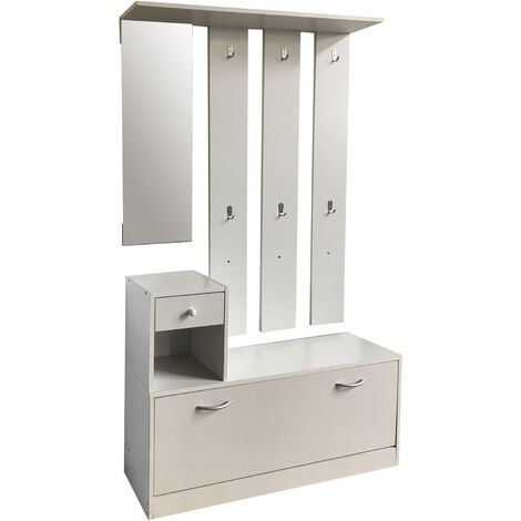 Set mobili in Pannello Trucilare composto da una Scarpiera e un Appendiabiti con Specchio Mobile in Legno per Ingresso - bianco 100x25 h. cm. 160/180 (posizionato) - BIANCO