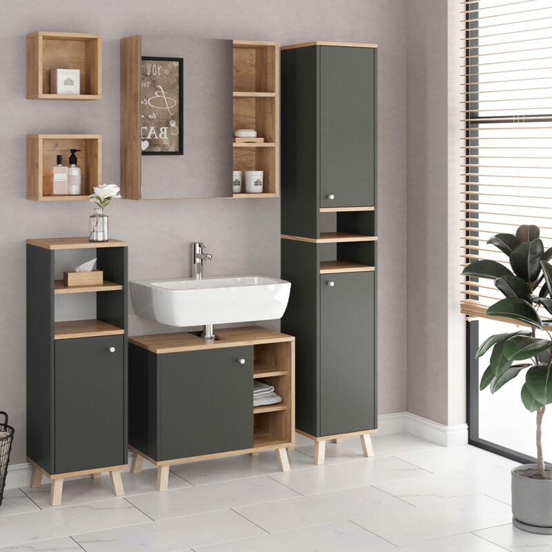 Vicco Set Mobili Bagno Senyo, Antracite, 5 Parti, Con Armadio Alto