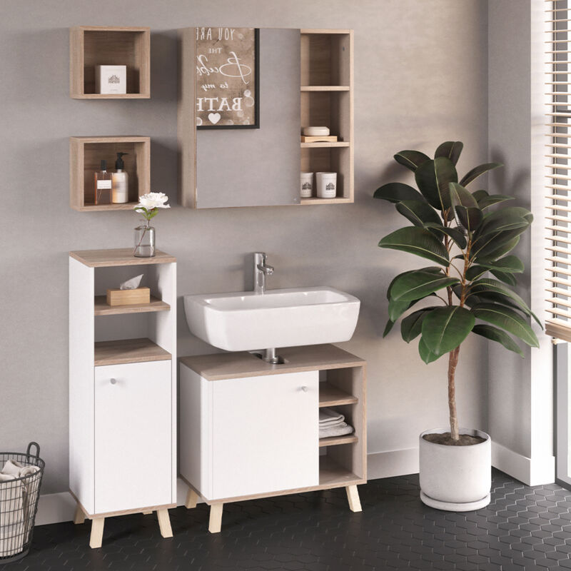 Vicco Set Mobili Bagno Senyo, Bianco, 4 Parti, Con Armadio Midi