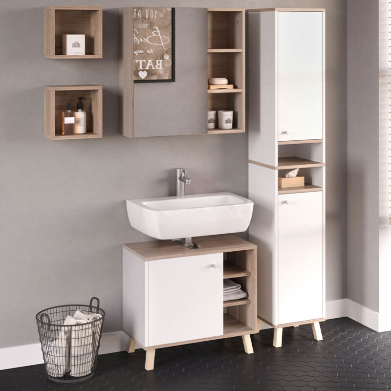 Vicco Set Mobili Bagno Senyo, Bianco, 4 Parti, Con Armadio Alto