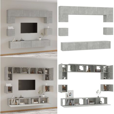 Set Mobili Porta TV 8pz Grigio Cemento in Legno Multistrato - Mobile TV a muro - Supporto TV in legno