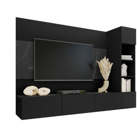 MOBILIER1 Composizione soggiorno Comfivo 369, Nero + Marmo nero, Con mobile porta TV, Truciolare laminato, 150x220x38cm