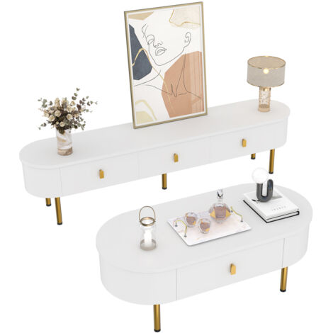 Set mobili soggiorno Completo con Mobile TV e Tavolino 174x35x41 cm, Bordi Arrotondati, con Archiviazione e Maniglie, MDF, Bianco