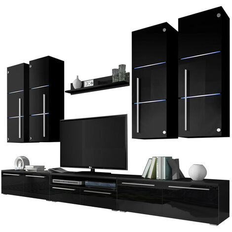 Set mobili soggiorno Nashville 102, Nero + Nero lucido, Con singole parti,  Con mobile porta tv, Truciolare laminato, Vetro, Pannello di fibra a media  densità, 300x46cm, LED