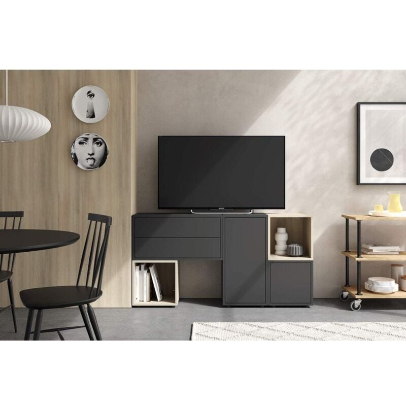 

Set mueble de TV 150 cm Gris oscuro y roble serie Lisbona | roble y gris