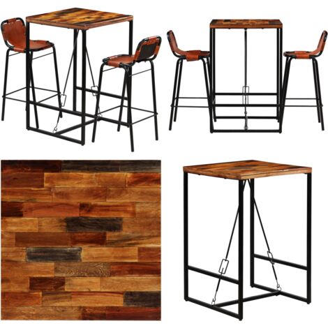 Set muebles bar 3 pzas madera reciclada cuero cabra auténtico - Bar industrial - Sillas de bar