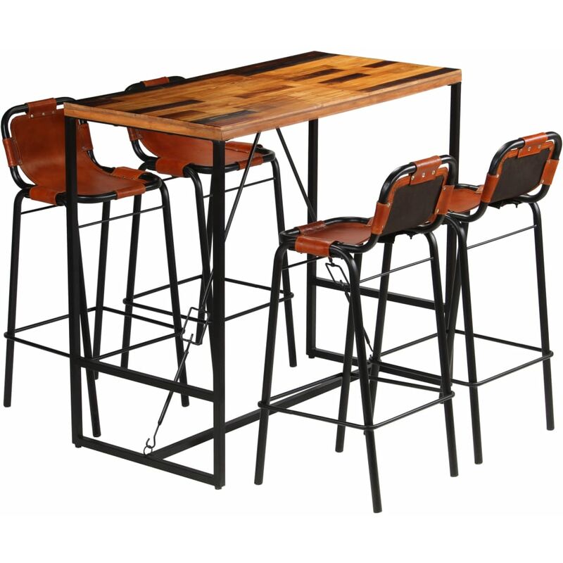 

Youthup - Set muebles bar 5 piezas madera maciza reciclada y cuero cabra - Marrón