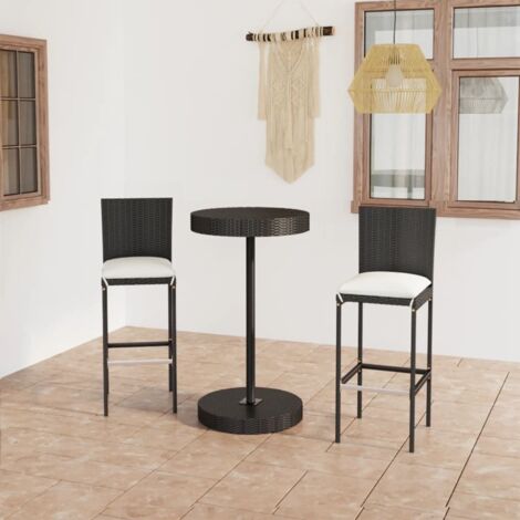 Set muebles bar jardín 3 piezas y cojines ratán sintético negro