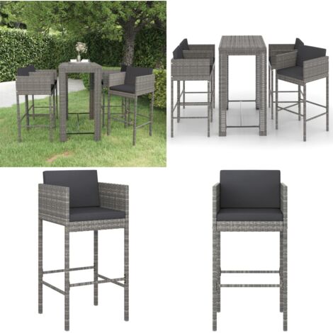 Set muebles bar jardín 5 piezas y cojines ratán sintético gris - Muebles de exterior - Cojines sintéticos