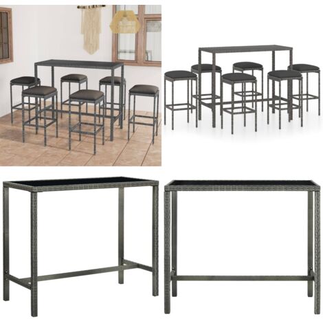 Set muebles bar jardín 7 piezas y cojines ratán sintético gris - Mesa de jardín - Taburete de jardín