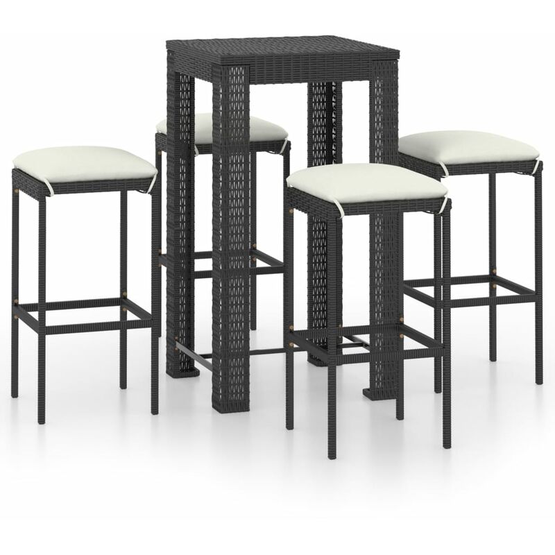 

Set muebles bar jardín 5 piezas y cojines ratán sintético negro - Negro