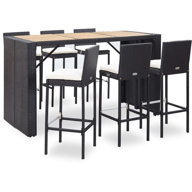 

Set muebles bar jardín 7 piezas y cojines ratán sintético negro - Negro