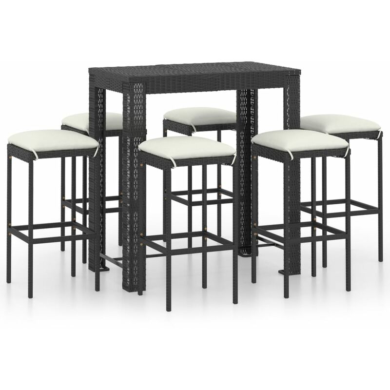 

Set muebles bar jardín 7 piezas y cojines ratán sintético negro - Negro