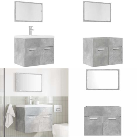 Set muebles de baño 2 piezas madera contrachapada gris hormigón - Armario de baño - Espejo de baño