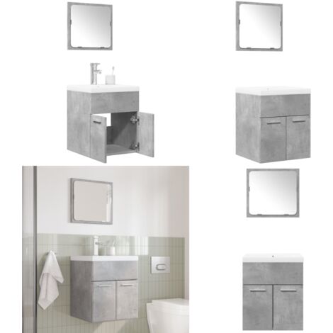 Set muebles de baño 2 piezas madera contrachapada gris hormigón - Muebles de baño - Espejo de tocador