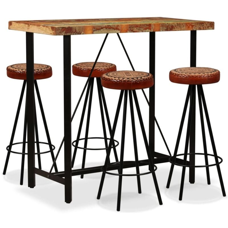 

Mesa y 4 Taburetes Bar Madera Maciza Reciclada Cuero Real Lona - Marrón - Vidaxl