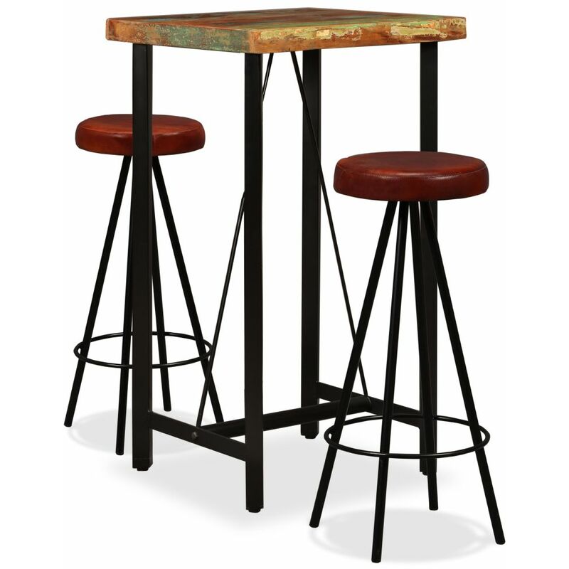 

Set muebles de bar 3 pzas madera maciza reciclada cuero genuino