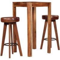 Set muebles de bar 3 pzas madera maciza sheesham cuero genuino