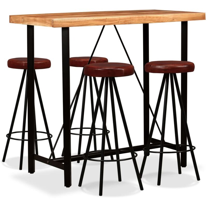 

Set muebles de bar 5 pzas madera maciza acacia cuero genuino - Marrón