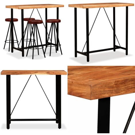 Set muebles de bar 5 pzas madera maciza acacia cuero genuino - Acacia - Cuero genuino