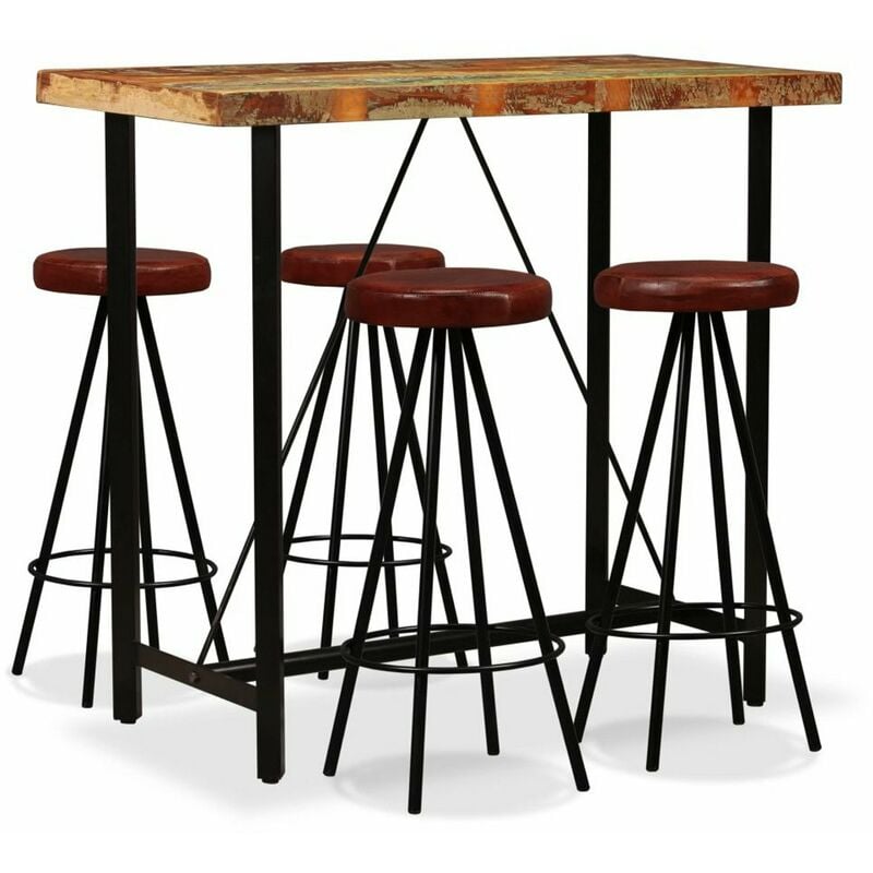 

Happyshopping - Set muebles de bar 5 pzas madera maciza reciclada cuero genuino