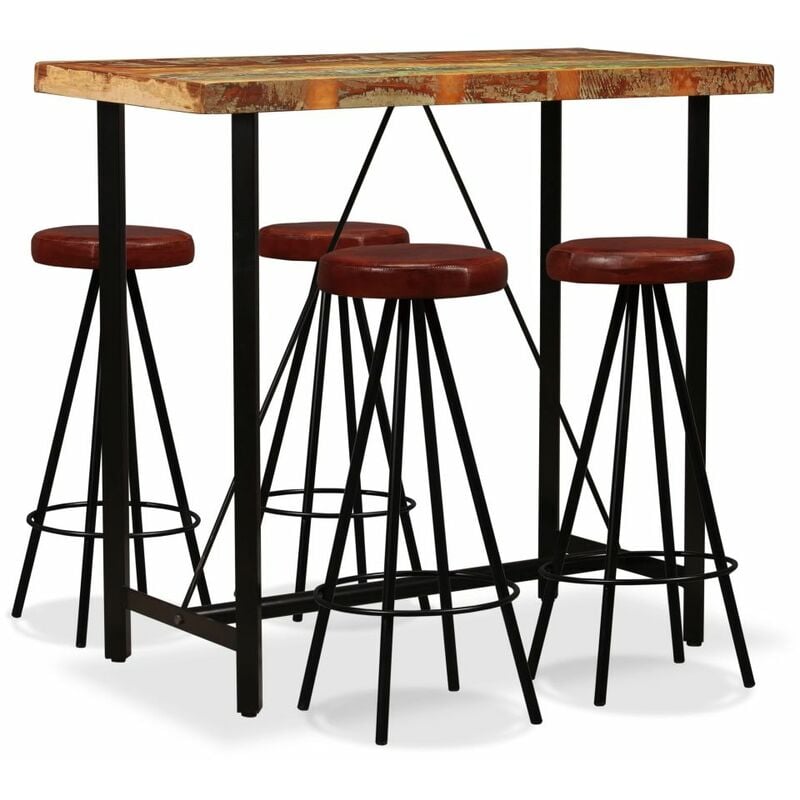 

BHD - Set muebles de bar 5 pzas madera maciza reciclada cuero genuino