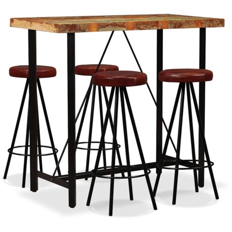 Set muebles de bar 5 pzas madera maciza reciclada cuero genuino