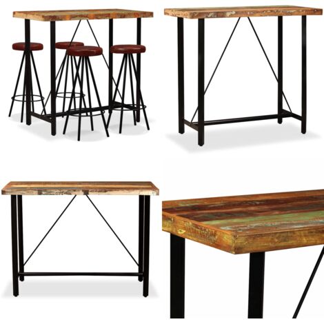 Set muebles de bar 5 pzas madera maciza reciclada cuero genuino - Cuero genuino - Muebles de bar