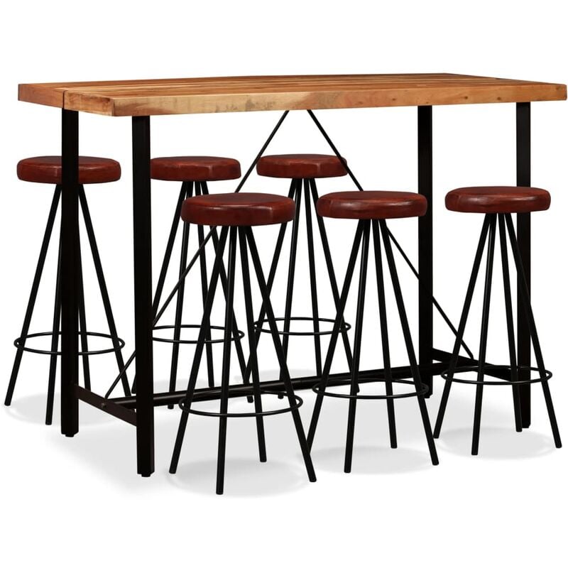 

Youthup - Set muebles de bar 7 pzas madera maciza acacia y cuero genuino - Marrón