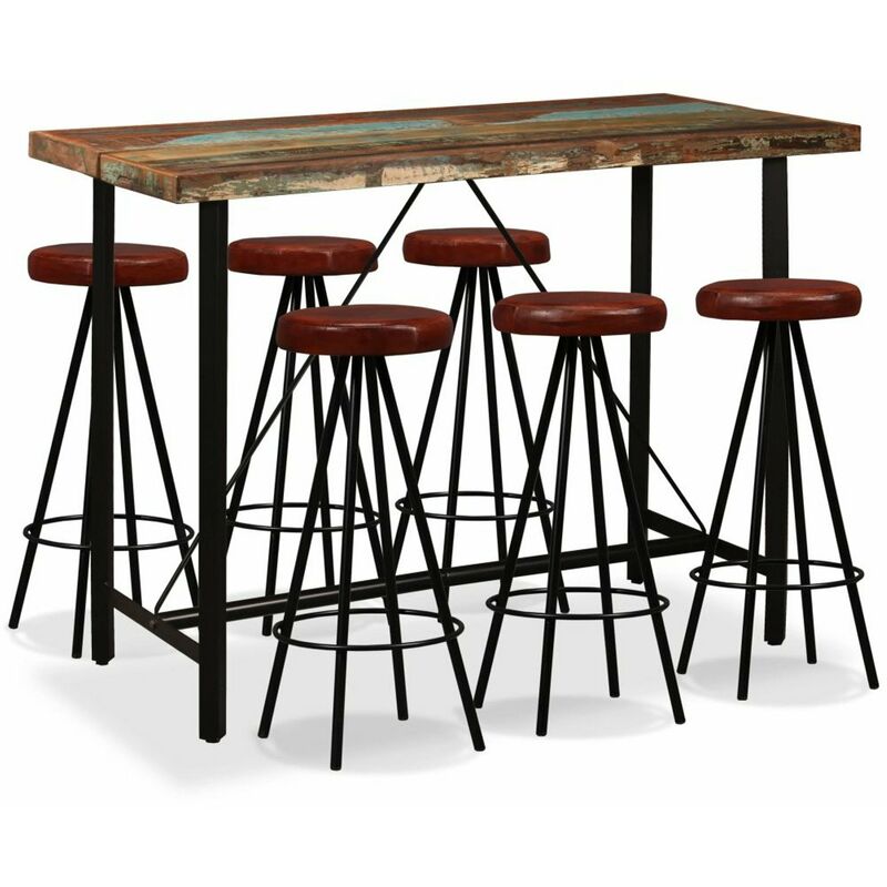 

Happyshopping - Set muebles de bar 7 pzas madera maciza reciclada cuero genuino