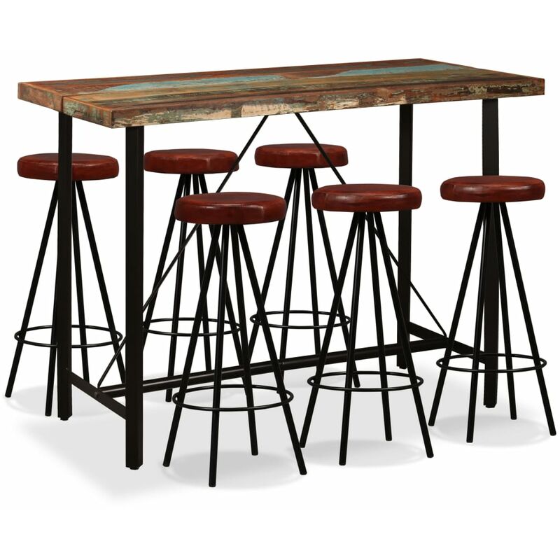 

Set muebles de bar 7 pzas madera maciza reciclada cuero genuino - Marrón