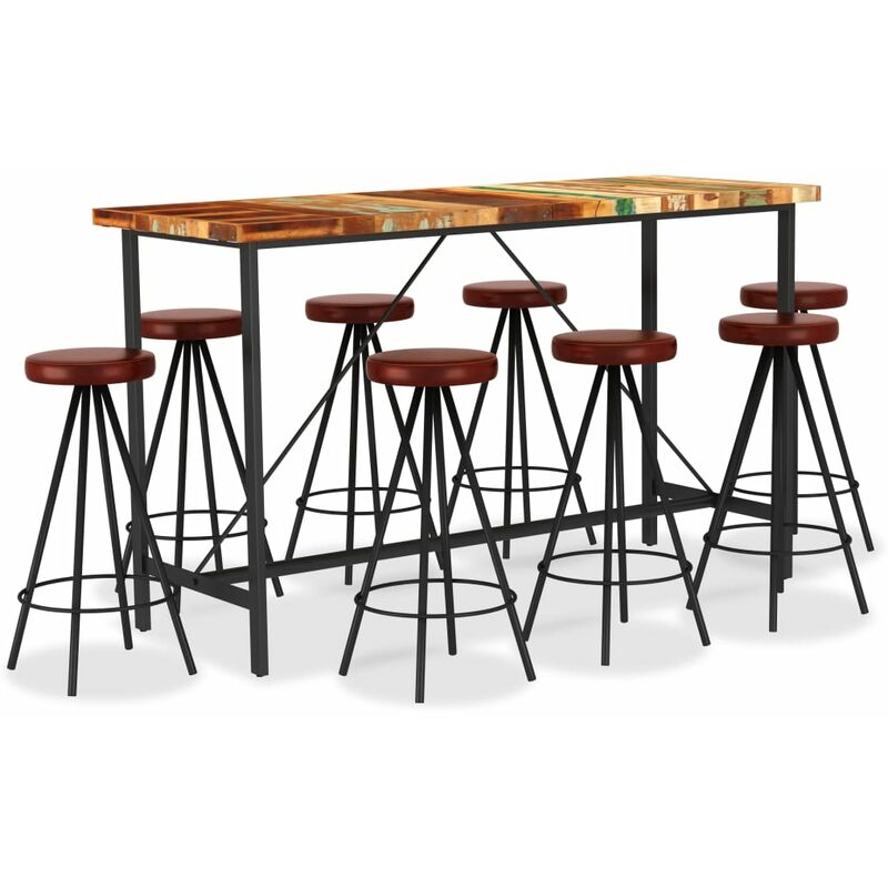 

Set muebles de bar 9 piezas madera reciclada y cuero auténtico - Marrón - Vidaxl