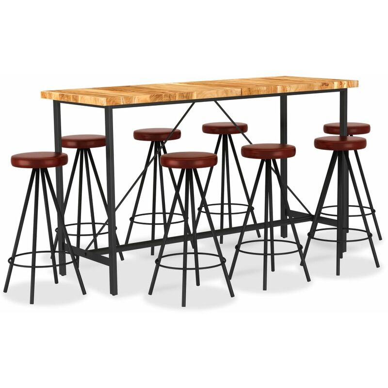 

Set muebles de bar 9 pzas madera maciza acacia cuero auténtico - Marrón - Vidaxl