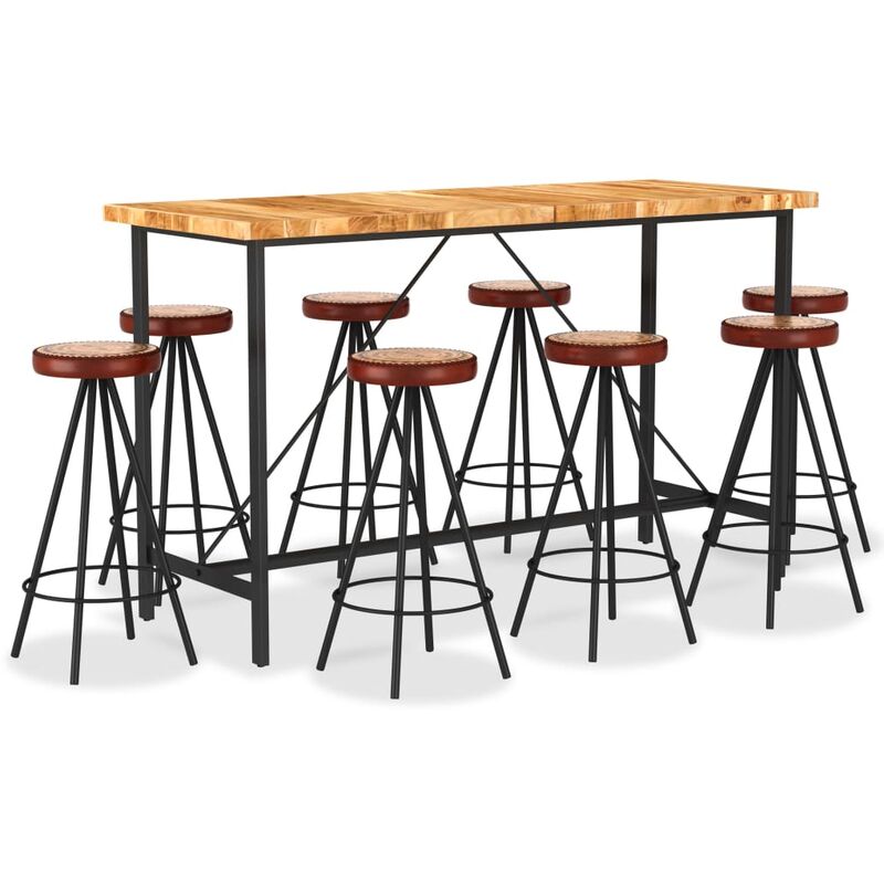 

BHD - Set muebles de bar 9 pzas madera maciza acacia cuero real lona