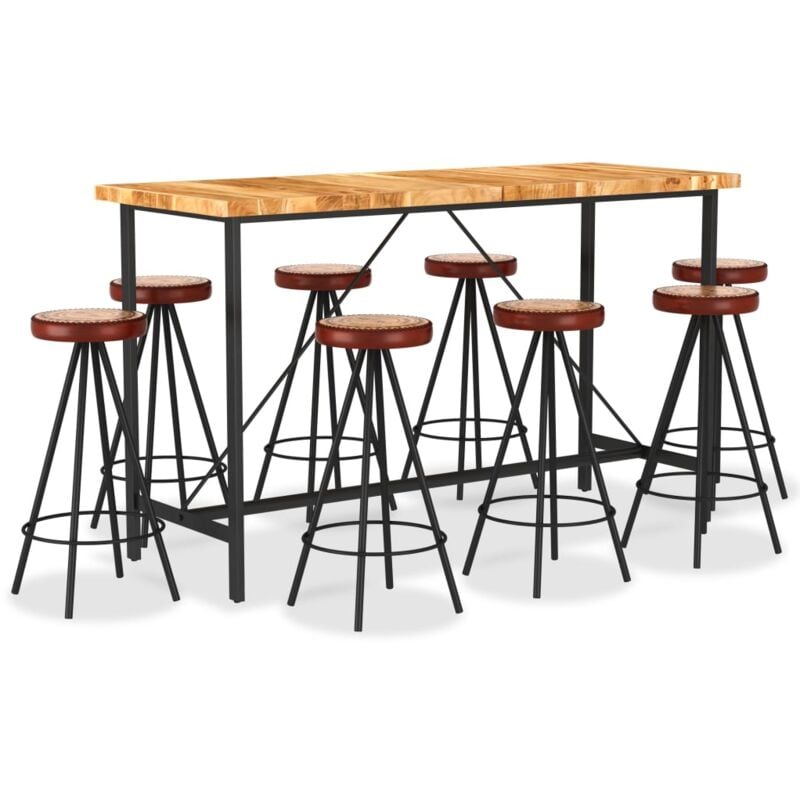 

vidaXL Set muebles de bar 9 pzas madera maciza acacia cuero real lona - Marrón