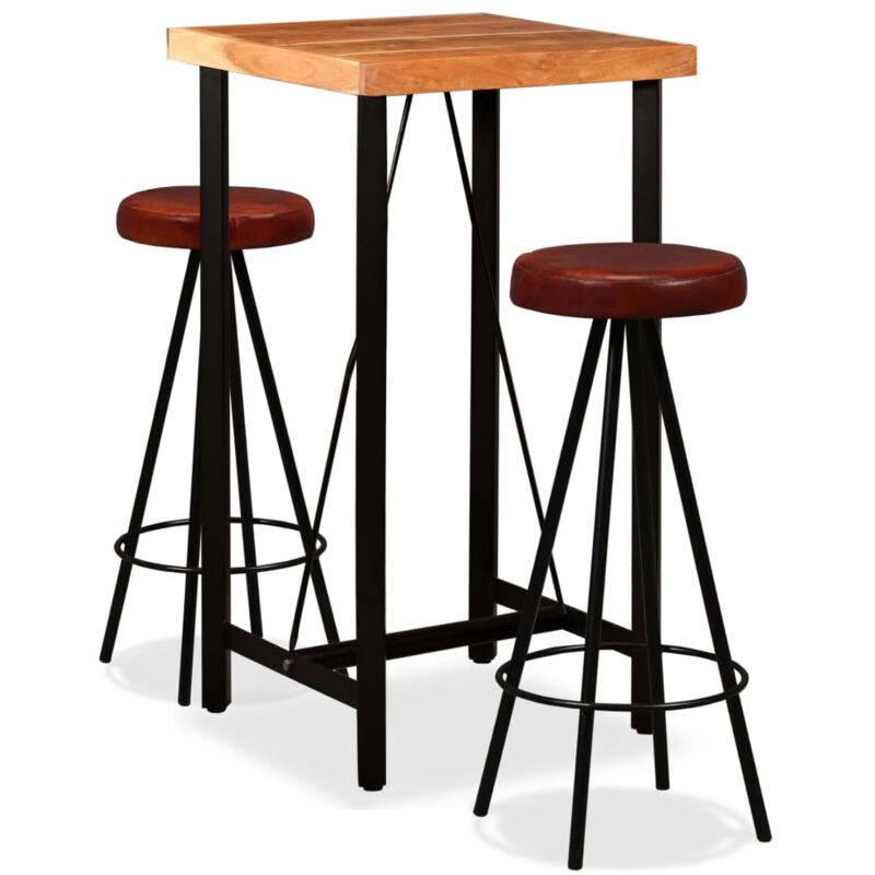 

Madera Maciza Acacia Set Muebles de Bar Cuero Genuino 3 Piezas - Marrón - Vidaxl