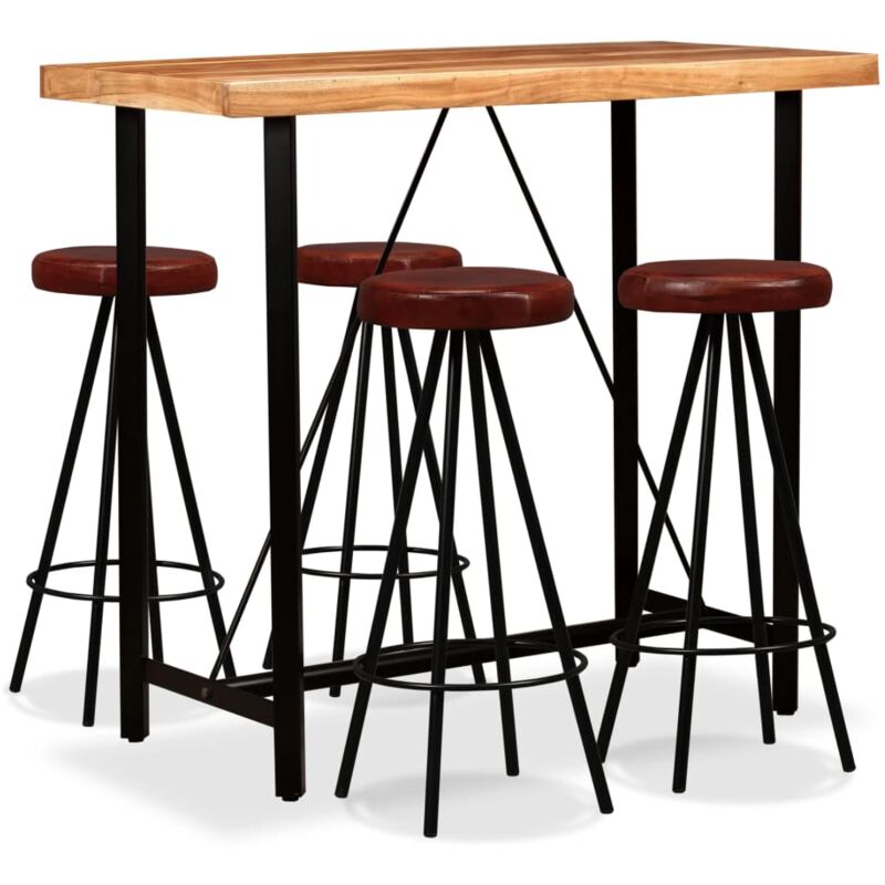 

Madera Maciza Acacia Set Muebles de Bar Cuero Genuino 5 Piezas - Marrón - Vidaxl