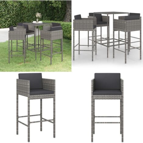 Set muebles de bar jardín 5 pzas y cojines ratán sintético gris - Muebles de exterior - Cojines de bar