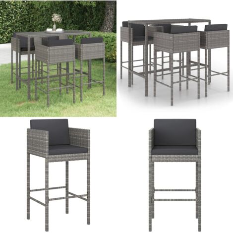 Set muebles de bar jardín 5 pzas y cojines ratán sintético gris - Muebles de exterior - Cojines para bar